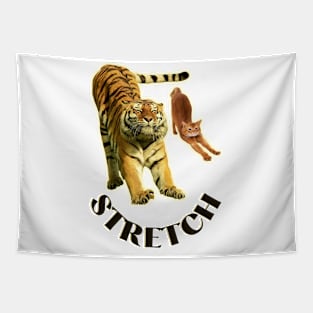 Stretch exercise by a tiger and a cat - black text Tapestry