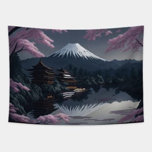 Serene Mount Fuji Sunset - Peaceful River Scenery - Lotus Flowers Tapestry