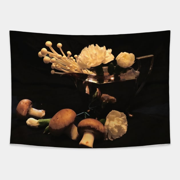 Mushrooms & Carnations - Baroque Inspired Dark Still Life Photo Tapestry by GenAumonier