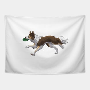 Running Tricolor Brown Border Collie with Frisbee Tapestry