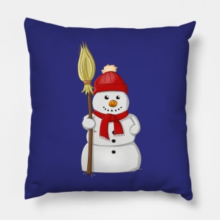 Cartoon style drawing of a funny snowman with a red bonnet and scarf Pillow