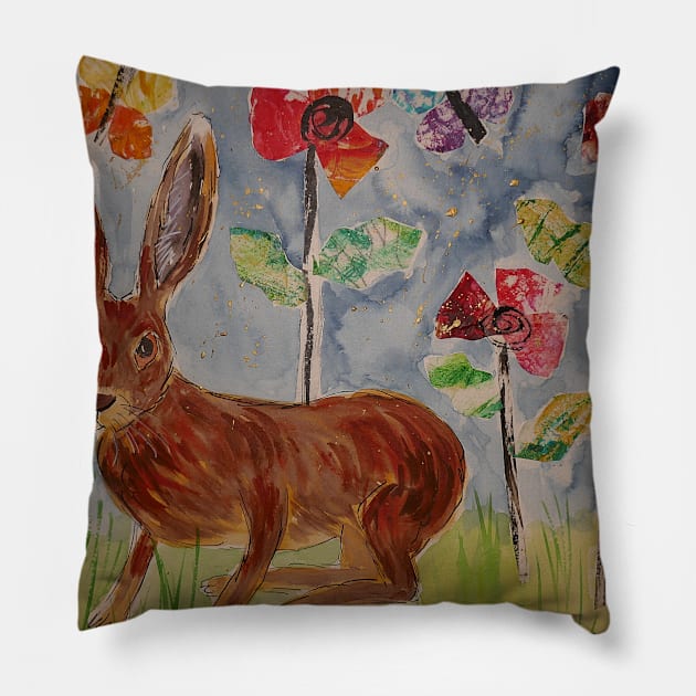 Cute Hare among Poppies, Collage Pillow by Casimirasquirkyart