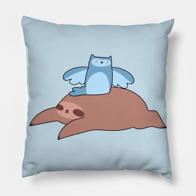 Sloth and Blue Owl Pillow by saradaboru