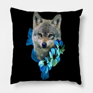 Cute Baby Wolf with blue Flowers Pillow