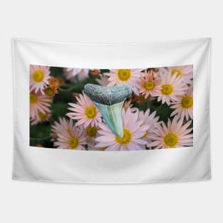 Pink Flowers and Shark Tooth Fossil in the Garden Print Tapestry