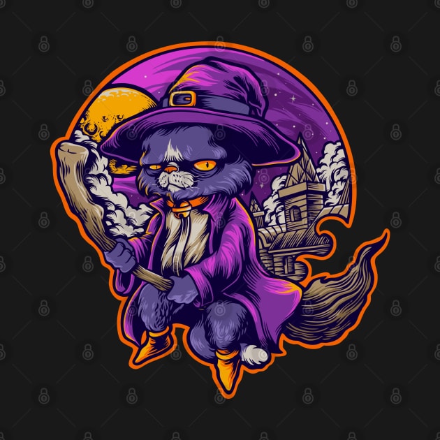 Cat Witch Flying on a Broom Halloween Theme Design by FilsonDesigns