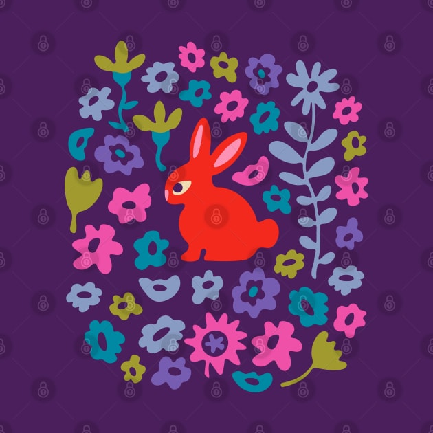 BUNNY RABBIT Cute Baby Animal with Flowers in Bright Red - Kids Easter Spring and 2023 Year of the Rabbit - UnBlink Studio by Jackie Tahara by UnBlink Studio by Jackie Tahara