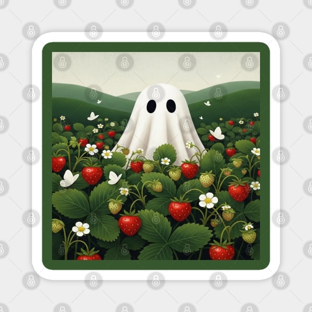 Ghost Strawberry Tee - Berry Spooky Funny Summer. strawberry field, cute ghost, funny summer, bizarre humor, cottagecore, spooky adorable, fruit picking, halloween in july, whimsical apparel, weird aesthetic, funny seasonal gift Magnet by OUTFITPAW