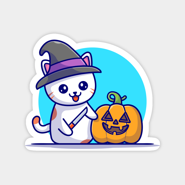 Cute Witch Cat With Pumpkin Halloween Cartoon Vector Icon Illustration Magnet by Catalyst Labs