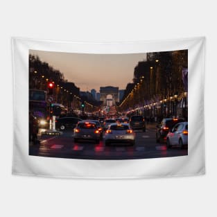 Traffic jam on Champs Elysees, Arc de Triomphe, Paris, France Tapestry