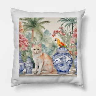 Ginger cat and macaw parrot in chinoiserie landscape Pillow