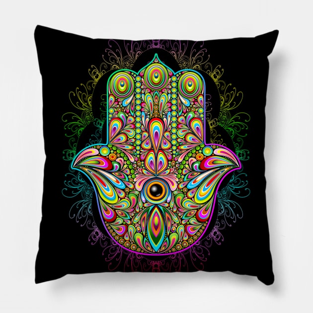 Hamsa Hand Amulet Psychedelic Pillow by BluedarkArt