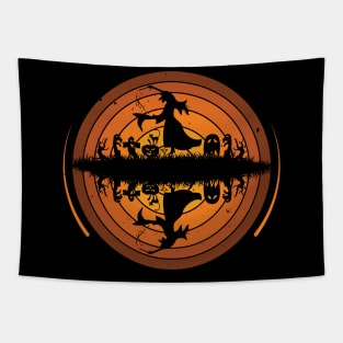 Silhouettes of Crazy Witch in Halloween Night Tapestry