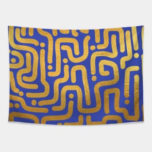 Indigo Blue Gold colored abstract lines pattern Tapestry