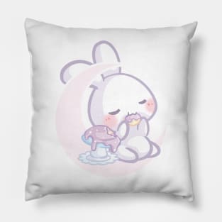 Bunny Sitting on the Moon Eating a Purple Mushroom Cake Pillow