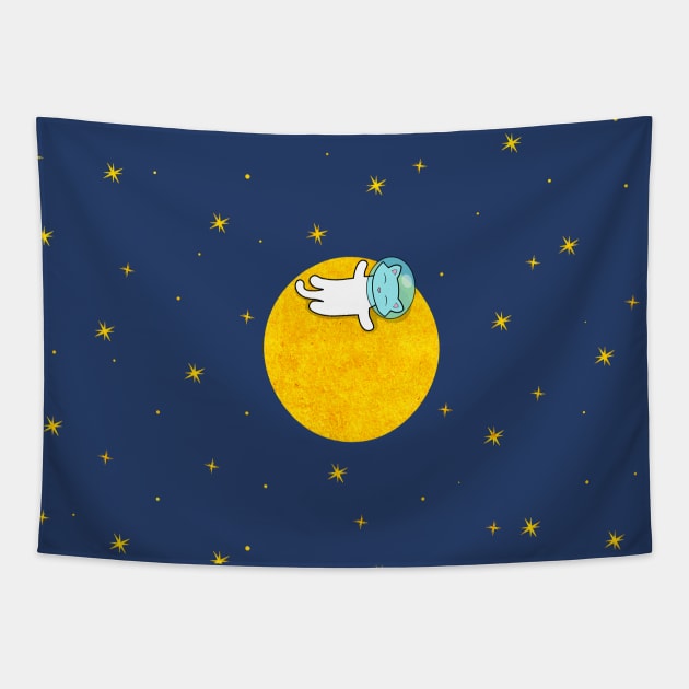 Moon, Stars and a Cat Tapestry by Purrfect