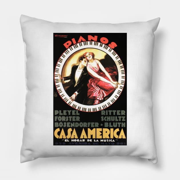 PIANOS CASA AMERICA 1930 by Achille Luciano Mauzan Vintage Poster Pillow by vintageposters