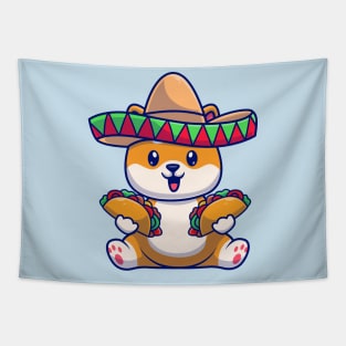 Cute Shiba Inu Dog Eating Tacos With Sombreno Hat Cartoon Tapestry