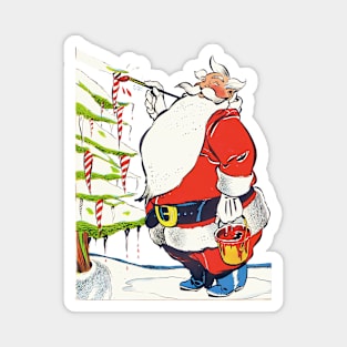 Santa Claus Painting the ice stalactites of the Christmas Pine Retro Vintage Comic Cartoon Magnet