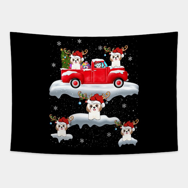 Xmas Lights - Shih Tzu Dog Riding Red Truck Christmas Tapestry by Origami Fashion