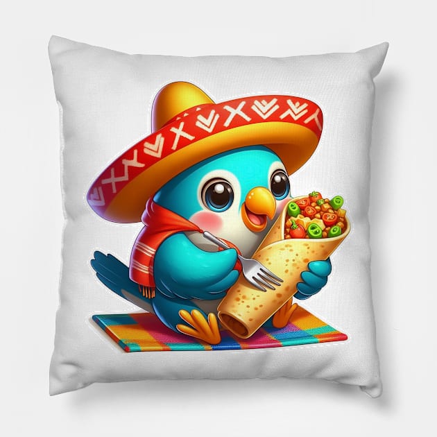 cute love birds are eating Mexican specialties, Tacos, Burritos, Enchiladas, Quesadillas, Guacamole, Fajitas, Chiles Rellenos, Tamales, Mole, Chilaquiles, Pillow by art poo