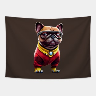 Cute Pug in Red Iron Suit - Adorable Dog in Custom Metal Costume Tapestry