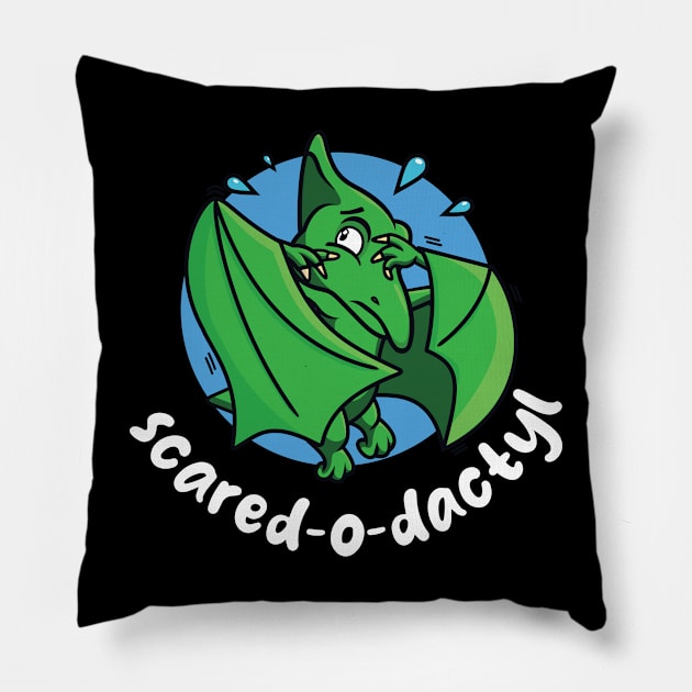 Scared-o-dactyl (on dark colors) Pillow by Messy Nessie