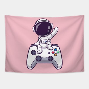 Cute Astronaut Sitting On Game Controller Cartoon Tapestry