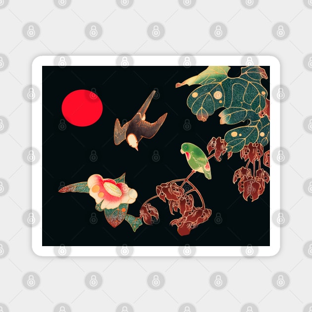 BIRDS,FLOWERS,LEAVES AND RED SUN IN BLACK, Japanese Dark Floral Magnet by BulganLumini