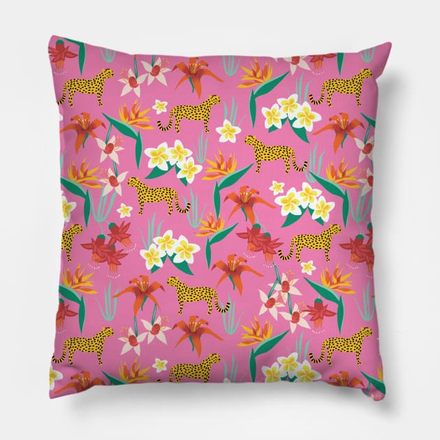 Exotic Flowers and Cheetahs Pink Pillow by Sandra Hutter Designs