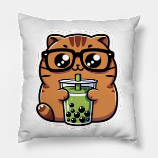 A cute brown cat who likes matcha sticker Pillow