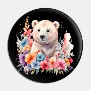 A polar bear decorated with beautiful watercolor flowers Pin