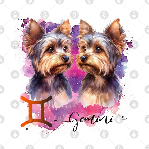 Gemini Zodiac Sign Cute Twin Yorkies Watercolor art by AdrianaHolmesArt