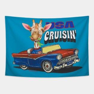 Humorous and Cute Giraffe driving in a cute classic car in the USA Tapestry