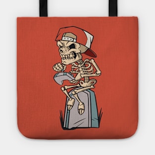 Cartoon Skeleton Gamer Sitting on a Tombstone Tote