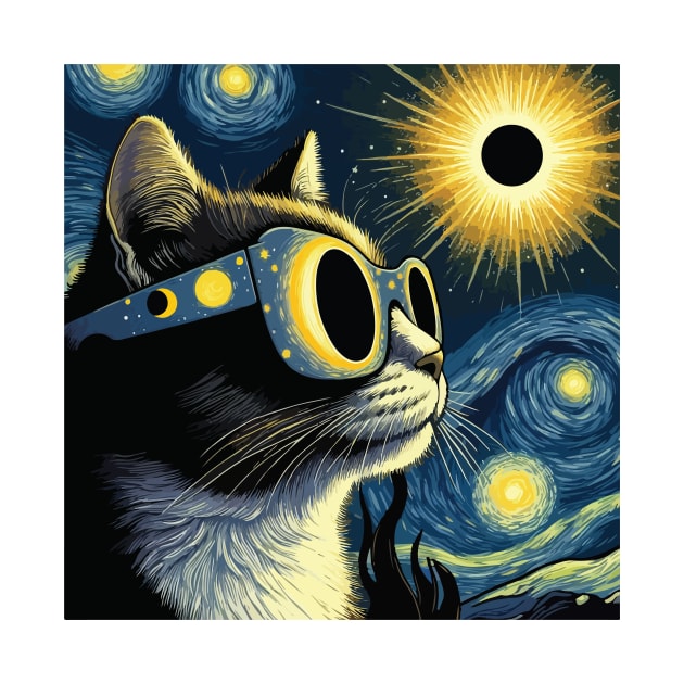 Starry night cat wearing sunglasses during eclipse by Fun Planet