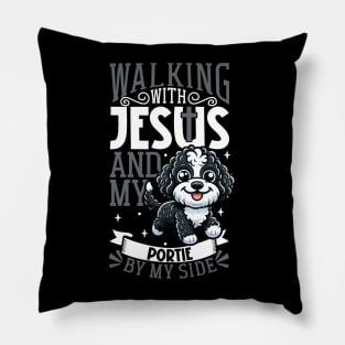 Jesus and dog - Portuguese Water Dog Pillow