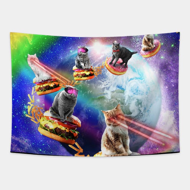 Space Galaxy Laser Lazer Cat Cats Burger Donut Pizza Rainbow Tapestry by Random Galaxy