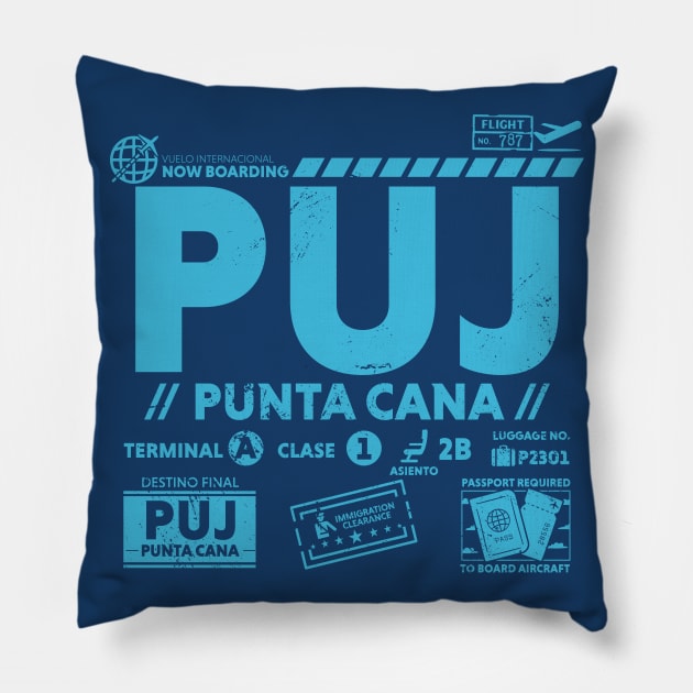 Vintage Punta Cana PUJ Airport Code Travel Day Retro Travel Tag Dominican Republic Pillow by Now Boarding