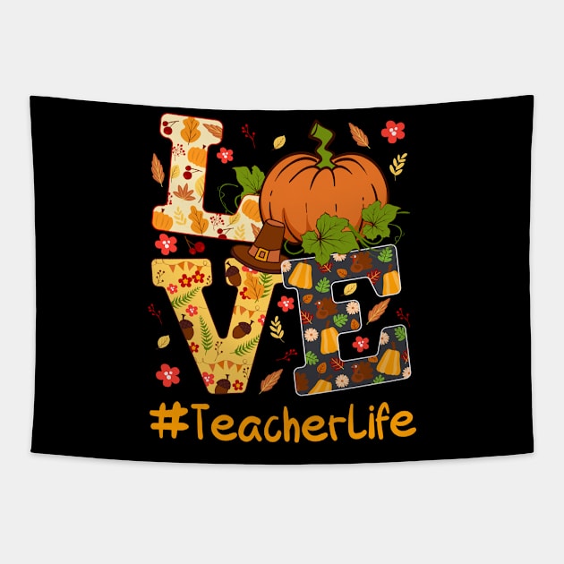 Thankful Teacher Retro Groovy Thanksgiving Fall Women Men Tapestry by KRMOSH