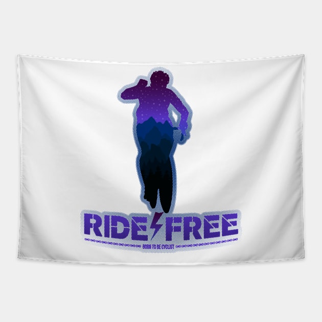 Silhouette of a cyclist man with a mountain cold colors evening landspace inside and a ride free, born to be cyclist legend Tapestry by Drumsartco