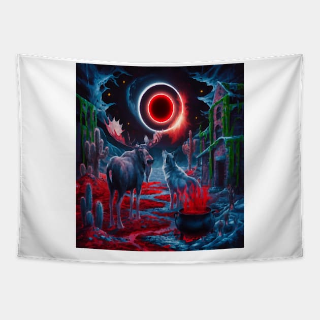 AI generated Moose watching solar eclipse with wolf Tapestry by Catbrat