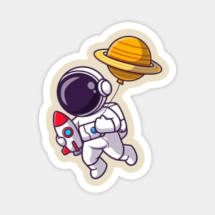 Cute Astronaut Holding Rocket With Planet Balloon Cartoon Magnet