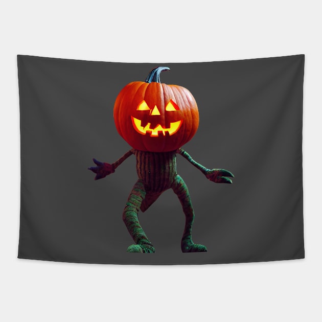 Spooky Walking Halloween Pumpkin Tapestry by JyFDesignz