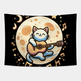 Cool and Cute Cat Playing Guitar under the Moon design Tapestry