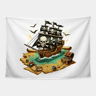 Pirate Ship, Sailing On A Treasure Map Tapestry