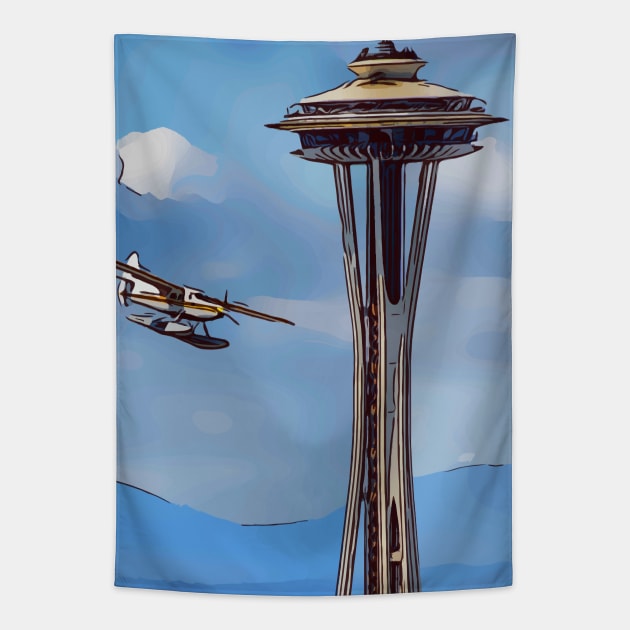 Seaplane landing past the Seattle Space Needle Tapestry by WelshDesigns