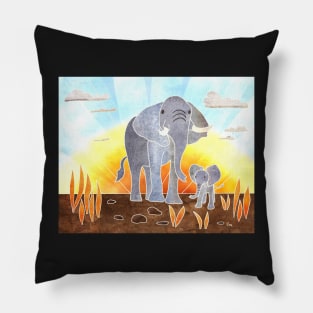 Majestic Elephant with Cute Baby Elephant, Elephant Design, Batik silk painting style Pillow