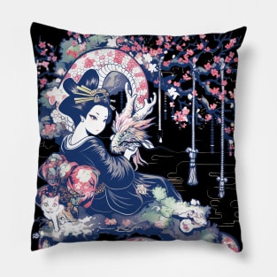 Japanese Girl With Dragon and Cats T-Shirt 04 Pillow