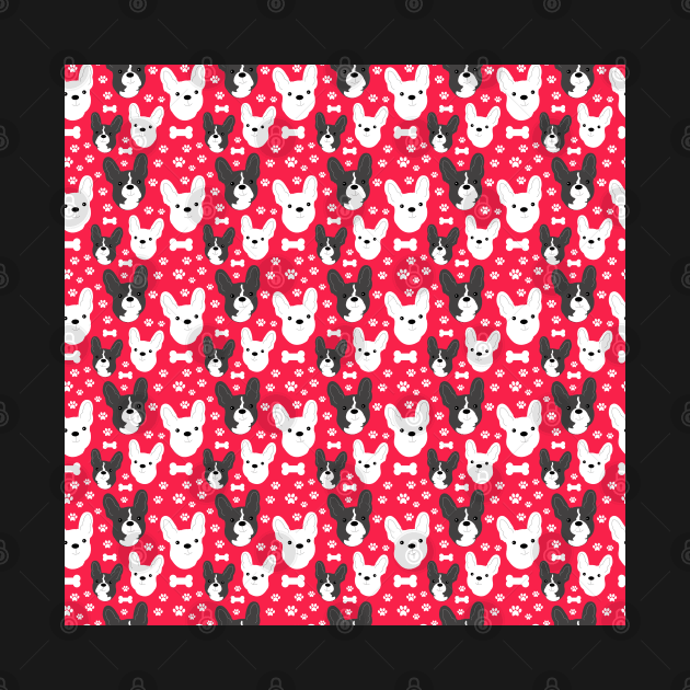 FRENCHIE French Bulldog Pattern in Red Fun Frenchies Paw Prints and Bone Print by JessDesigns